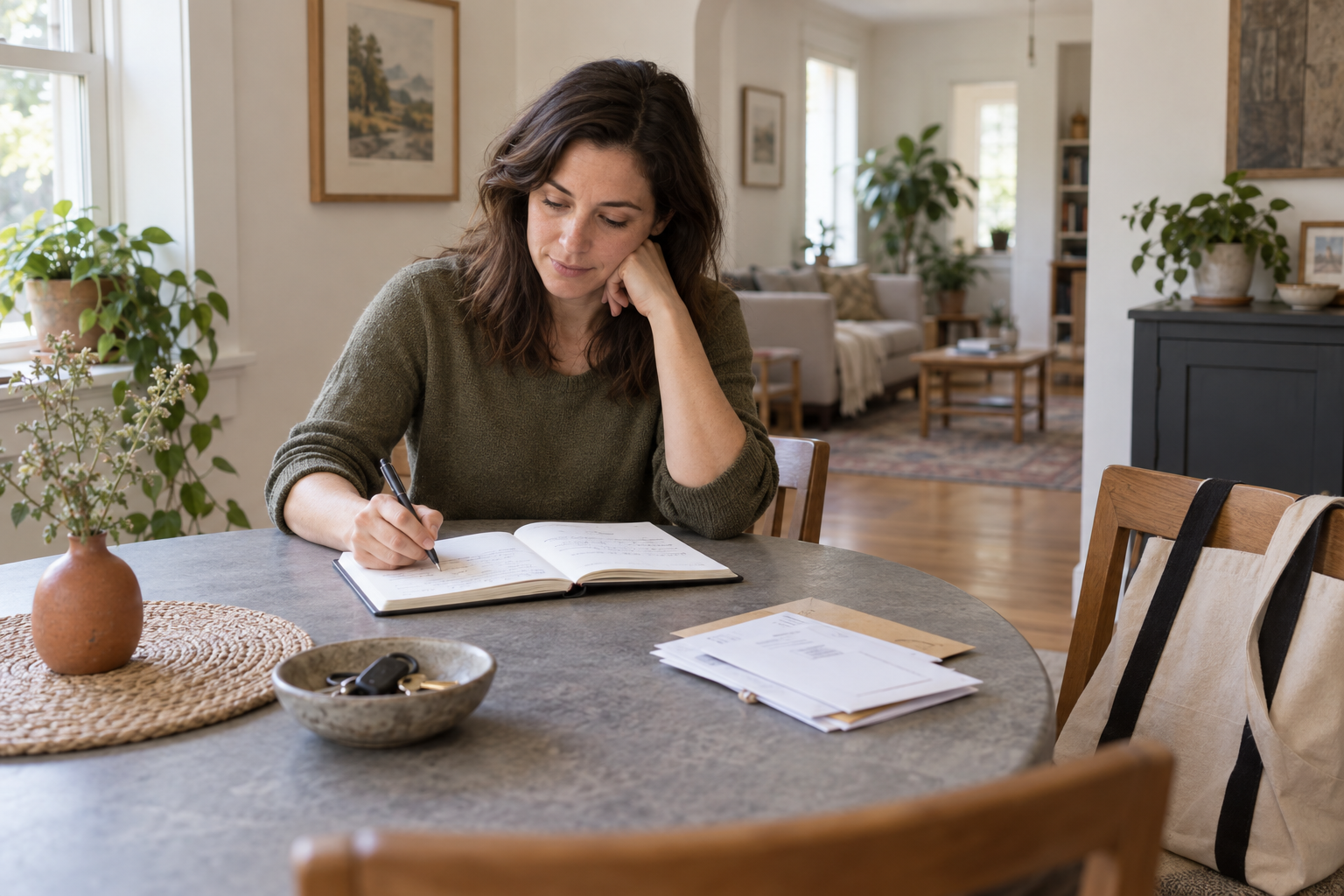 A woman writing in a notebook at home, with everyday mail and keys nearby